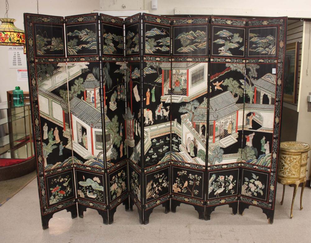 Appraisal: CHINESE SIX-PANEL COROMANDEL FLOOR SCREEN one side featuring an incise