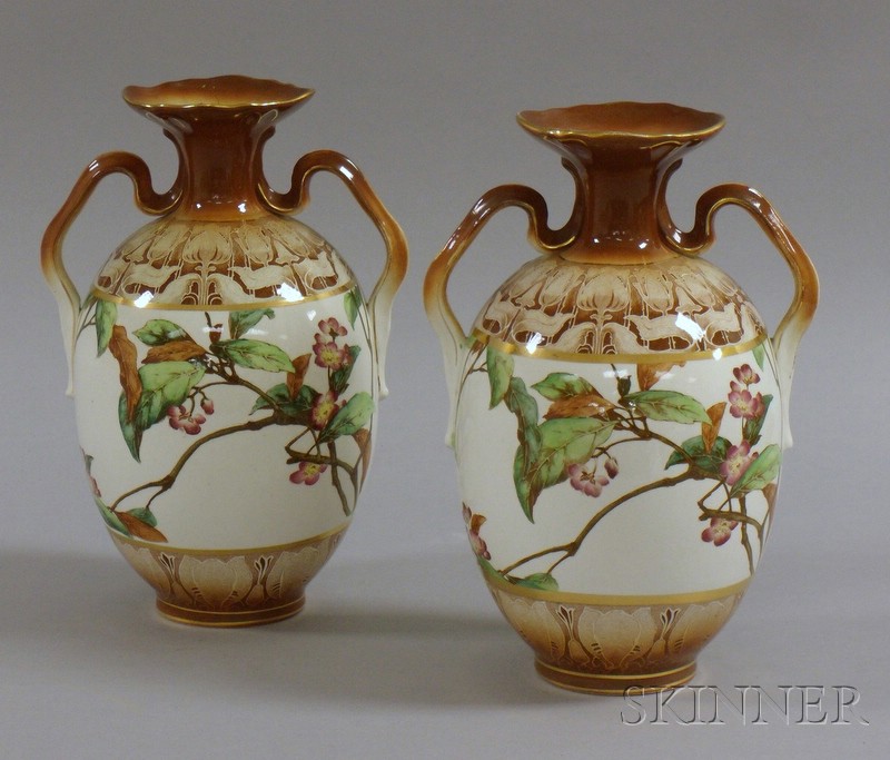 Appraisal: Pair of Buffalo Pottery Hand-colored Floral Transfer Decorated Two-Handled Vases