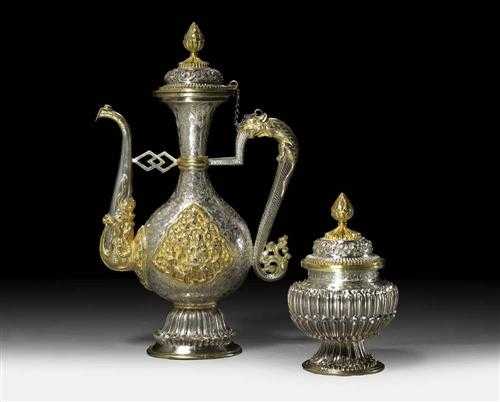 Appraisal: RITUAL JUG AND COVERED POT Tibet H and cm Silver