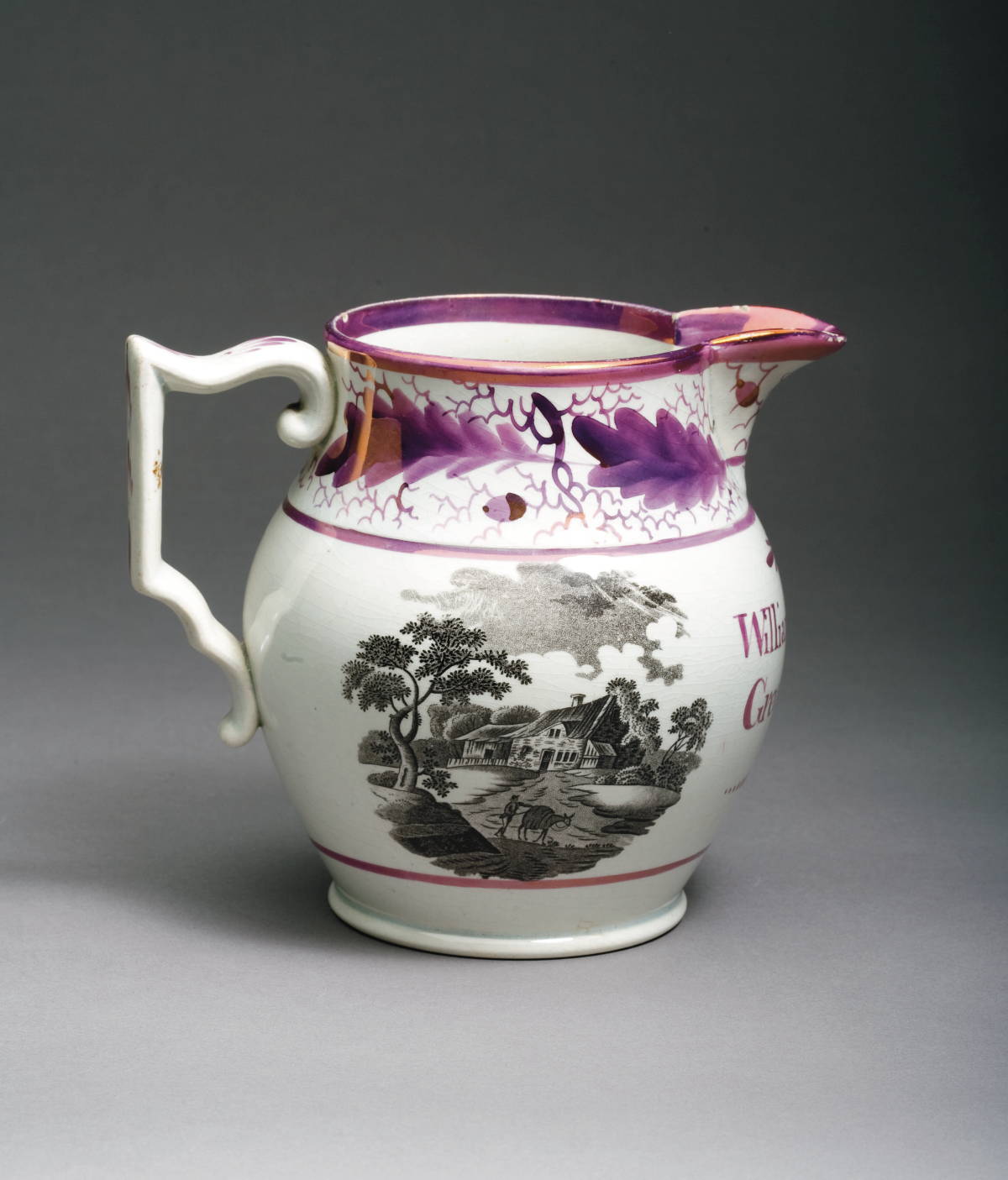 Appraisal: STAFFORDSHIRE PEARLWARE PINK LUSTRE AND BLACK TRANSFER-PRINTED PRESENTATION JUG DATED