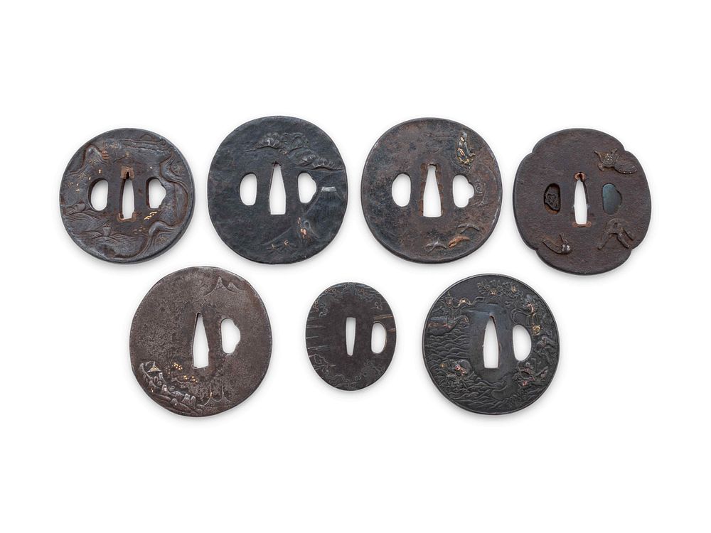 Appraisal: Seven Inlaid Cast Iron Tsuba Seven Inlaid Cast Iron Tsuba