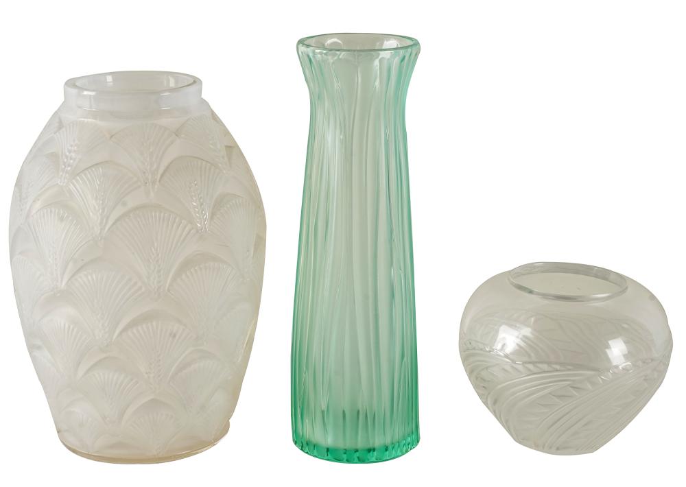 Appraisal: THREE LALIQUE GLASS VASESthe first Herblay circa stenciled R Lalique