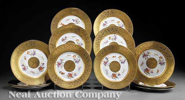 Appraisal: Twelve Czech Porcelain Transfer and Gilt-Decorated Chargers foliate-molded gilt border