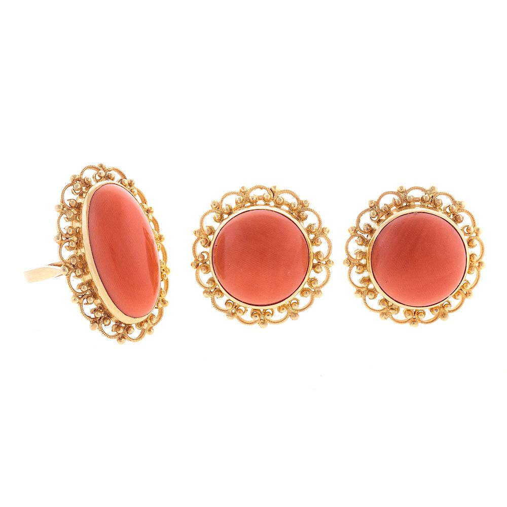 Appraisal: A Ladies Coral Earrings and Ring in K Gold K