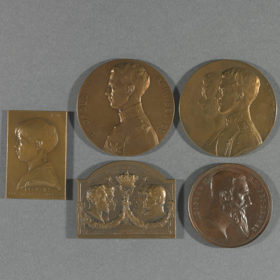 Appraisal: Belgian Monarchy Group of Five Bronze Portrait Medals and Plaques