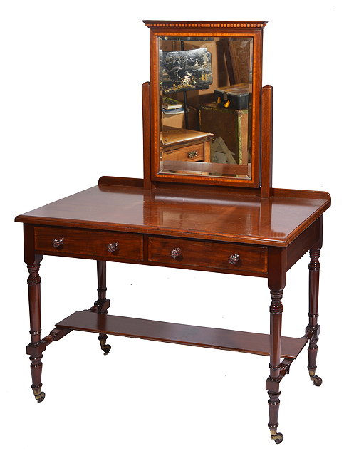 Appraisal: A VICTORIAN MAHOGANY DRESSING TABLE with satinwood inlaid boxwood swing