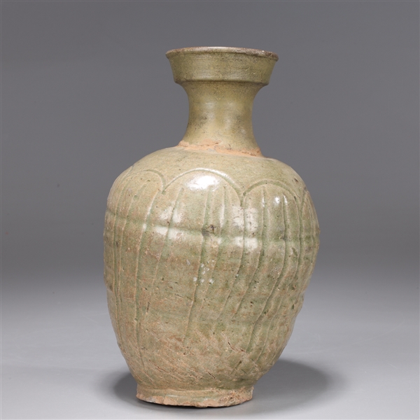 Appraisal: Early Yi Dynasty Korean carved celadon glazed bottle-vase with leaf