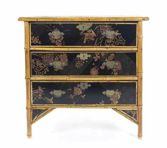 Appraisal: An English Victorian Lacquered Bamboo Chest of Drawers having a