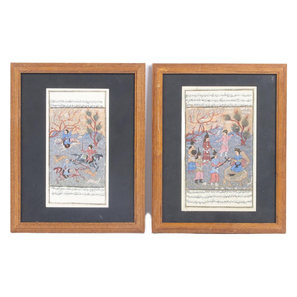 Appraisal: PAIR PERSIAN HAND PAINTED ILLUMINATED MANUSCRIPT SCENES WITH FIGURES WARRIORS