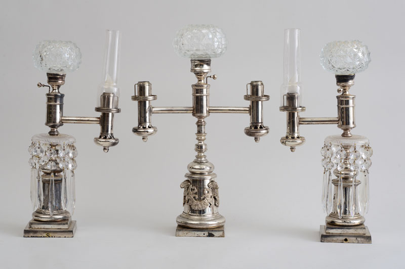 Appraisal: CUT-GLASS AND SILVER-PLATED THREE-PIECE ARGAND LAMP SET x in The