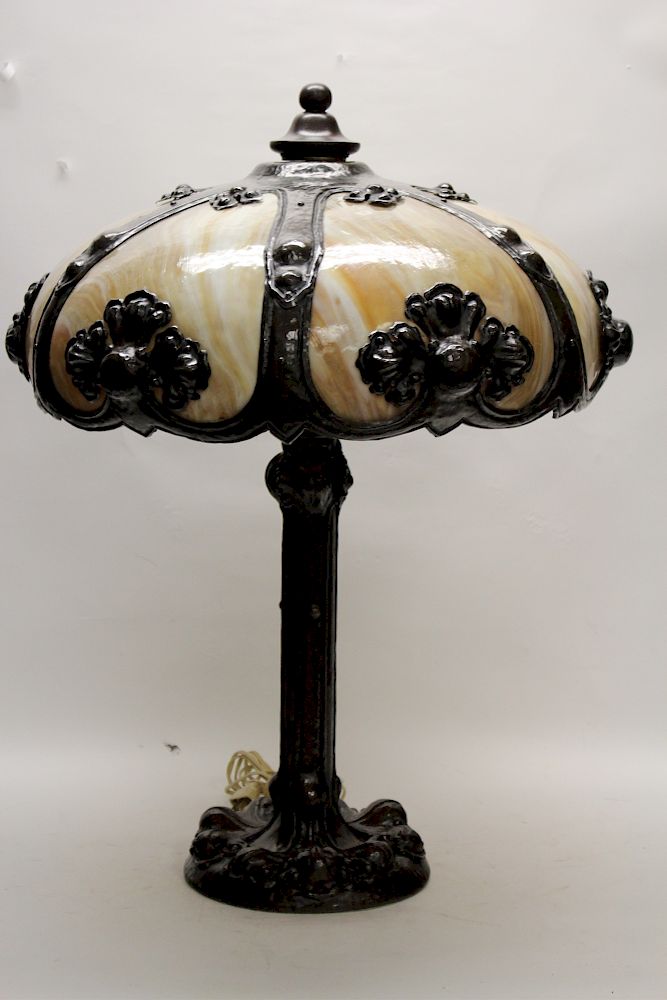 Appraisal: Large Slag Glass Table Lamp Patinated Bronze and Metal base