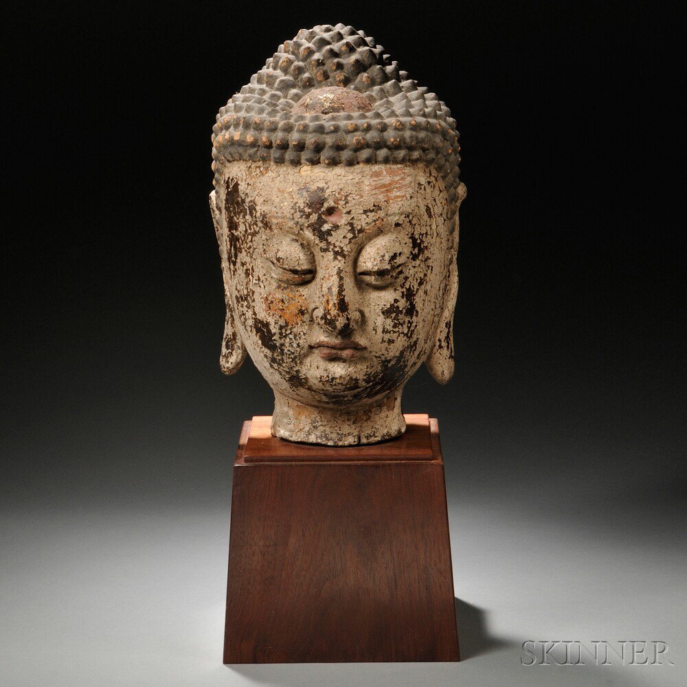 Appraisal: Large Wood Buddha Head China coated with gesso and painted