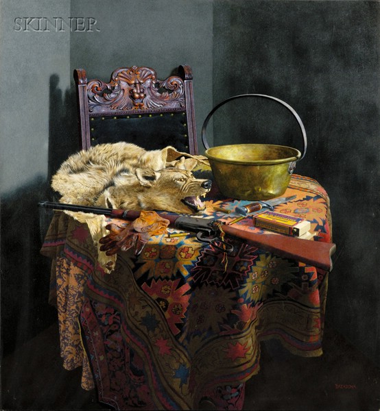 Appraisal: John F Bazadona American - Hunting Still Life with Wolf