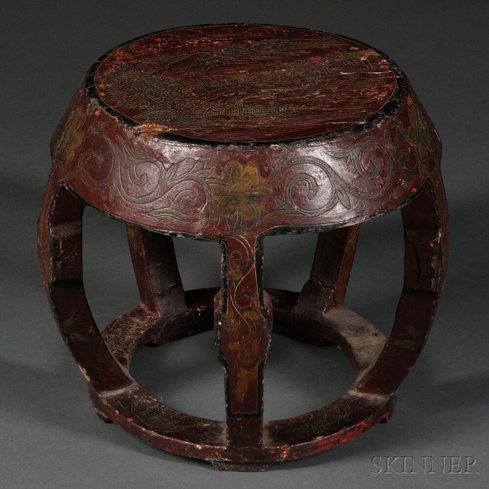 Appraisal: Red Lacquered Drum Stool China incised and polychrome floral decoration