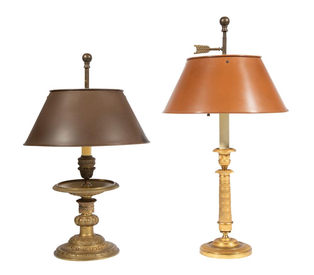 Appraisal: Two French Restauration-Style Bronze Candlestick Lamps ball finials tole shades