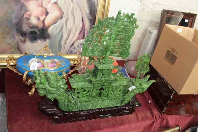 Appraisal: A CHINESE HARDSTON POSSIBLY JADE MARRIAGE BOAT in the form