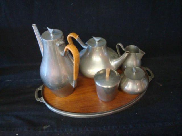 Appraisal: Pewter Midcentury Tea Set on Tray with Cane Decoration From