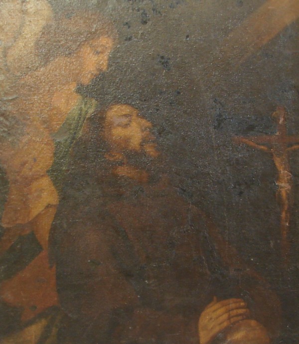 Appraisal: Scene with Christ on cross and angel oil on canvas