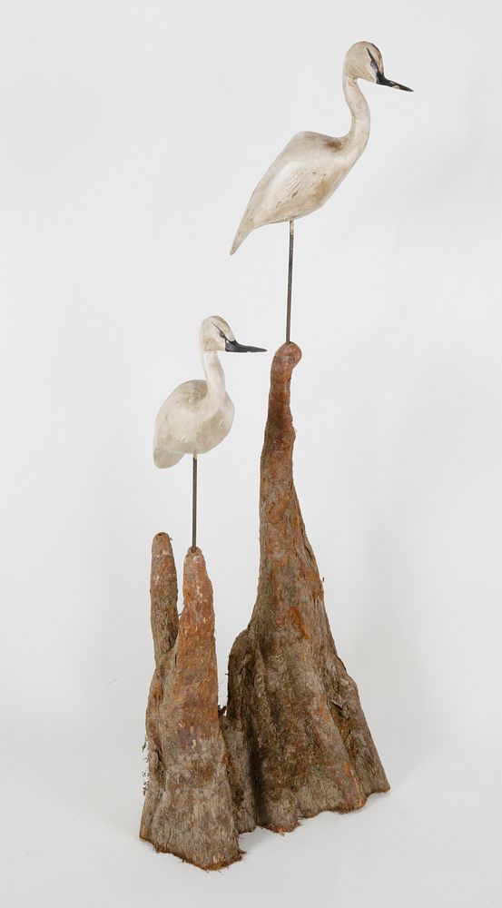 Appraisal: Pair of Carved and Painted Egrets on Natural Cypress Root