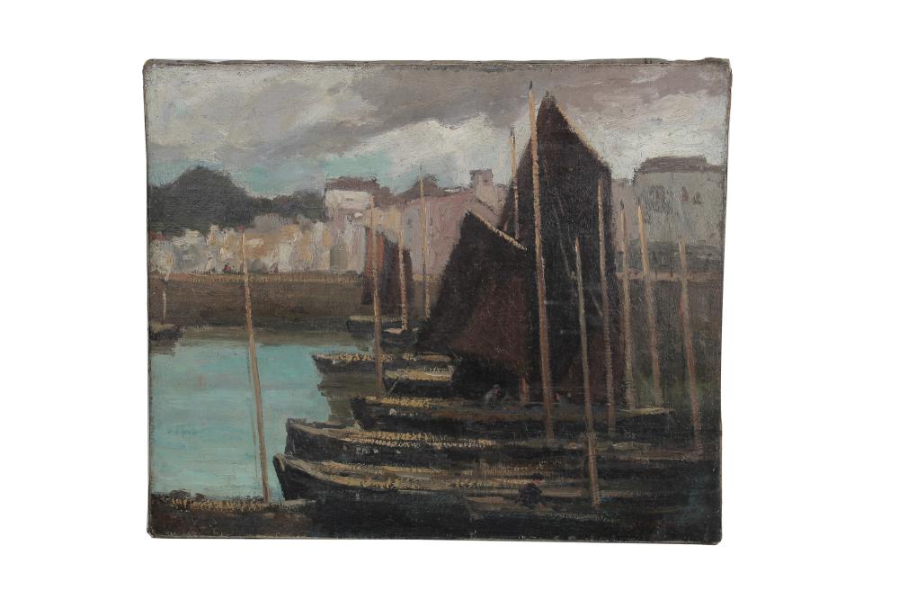 Appraisal: GEORGE ELMER BROWNE HARBOR SCENE oil on canvas wax relined