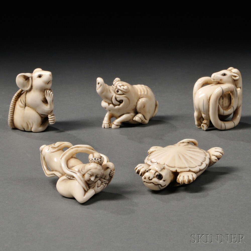 Appraisal: Five Ivory Netsukes Japan or China th th century a