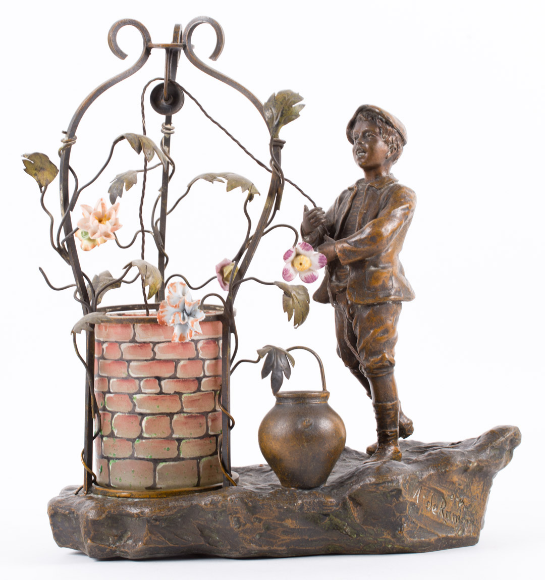 Appraisal: A de Ranjan Boy at Well spelter figural lamp Continental