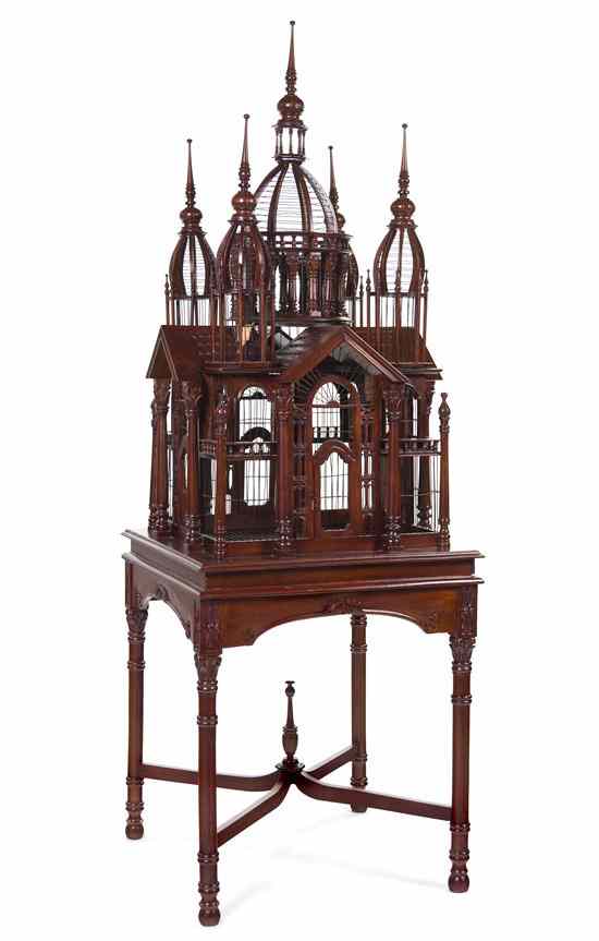 Appraisal: A Continental Mahogany Birdcage on Stand of architectural form having