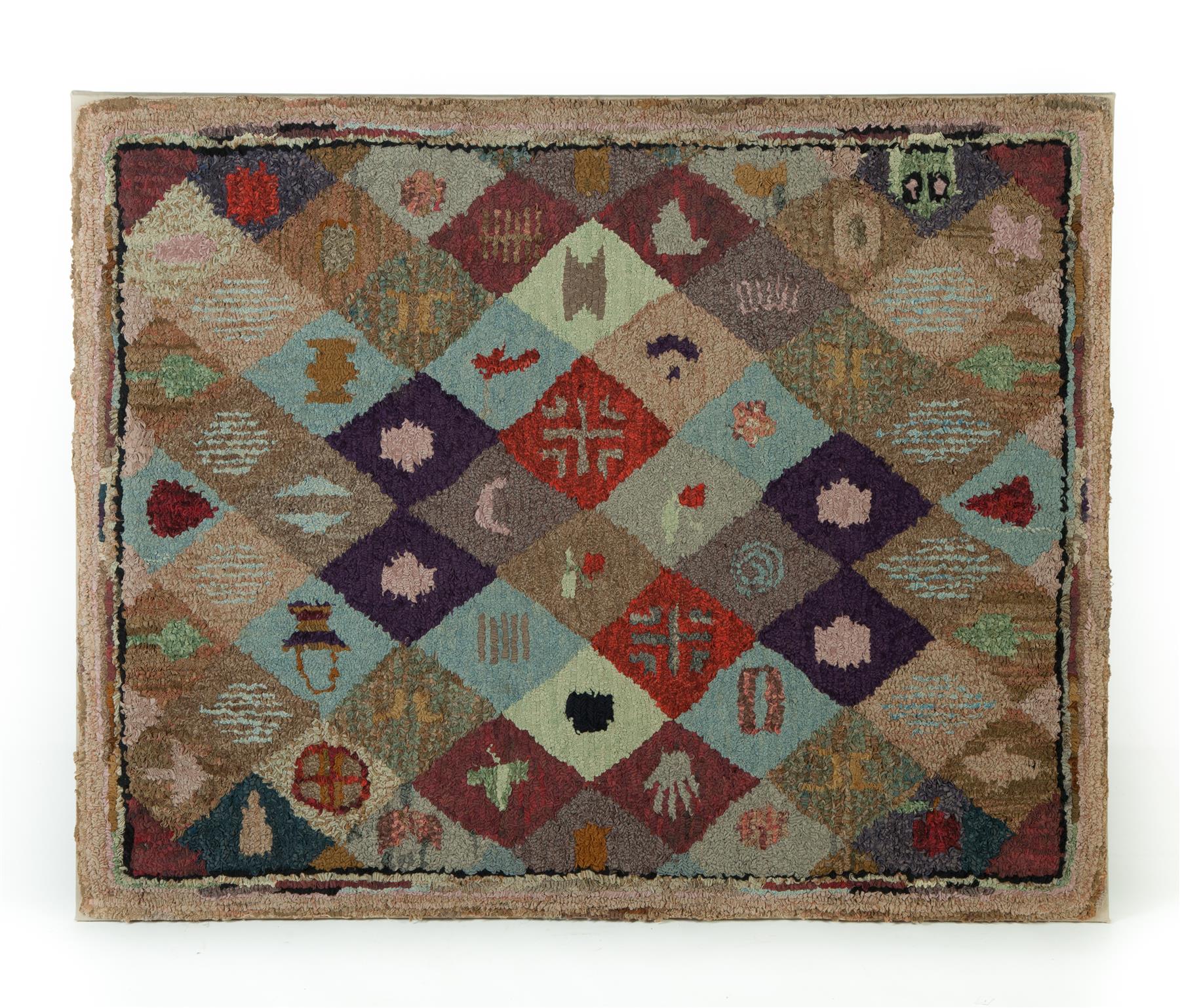 Appraisal: HOOKED RUG Early th century Diamond grid with different images