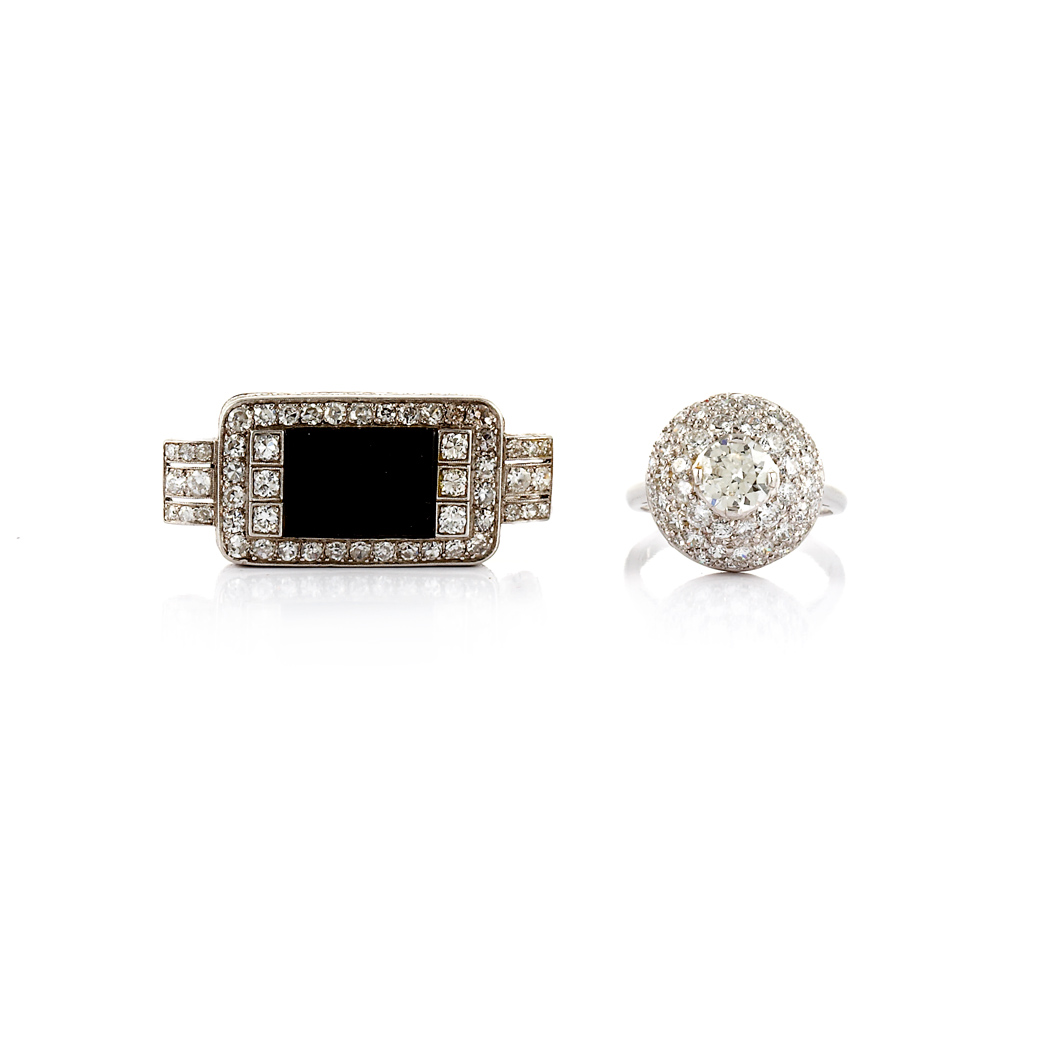 Appraisal: Black Onyx and Diamond Pin and Diamond Cluster Ring Platinum