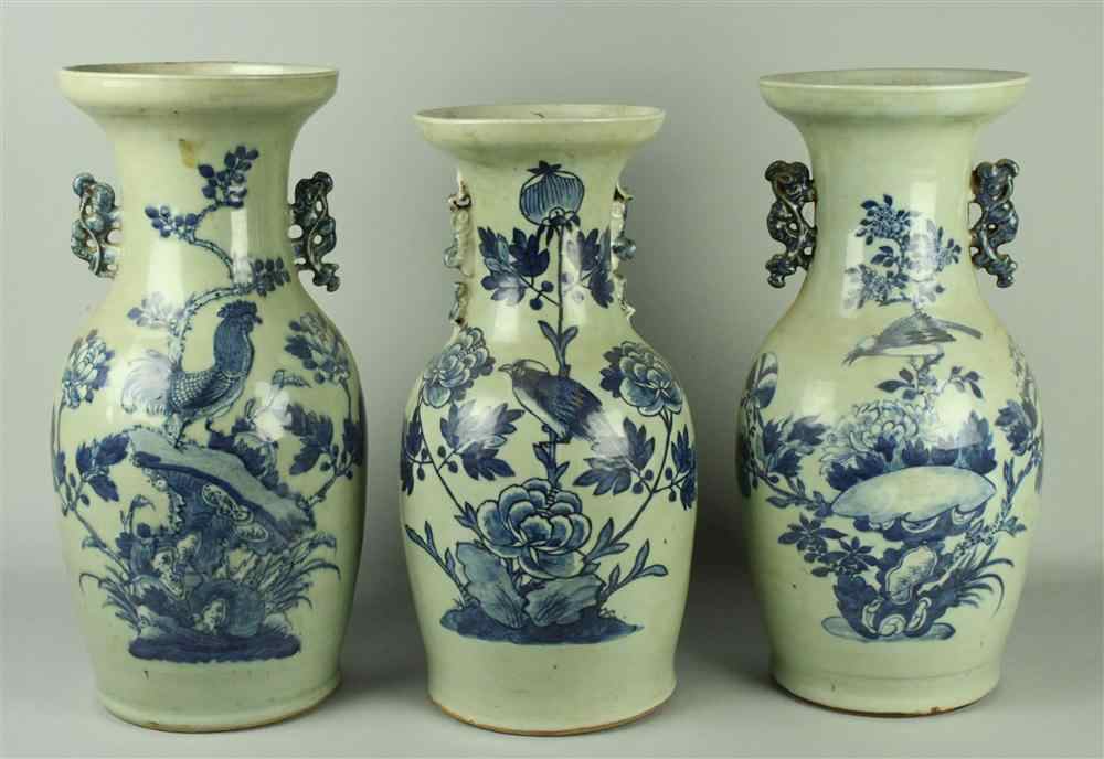 Appraisal: THREE CHINESE UNDERGLAZE BLUE AND CELADON GROUND VASES LATE TH