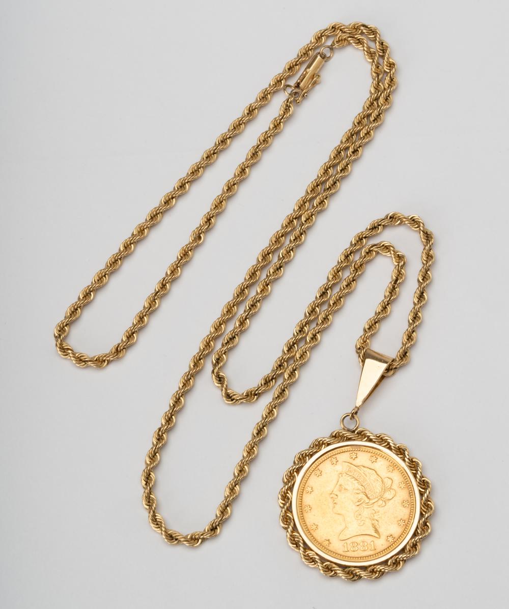 Appraisal: KARAT YELLOW GOLD COIN PENDANT NECKLACEThe karat yellow gold pendant