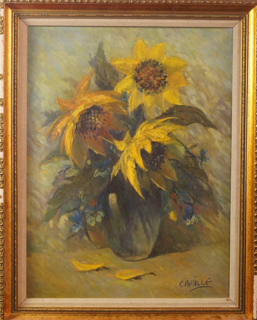 Appraisal: Camille Sunflowers in a vase oil on canvas signed cm