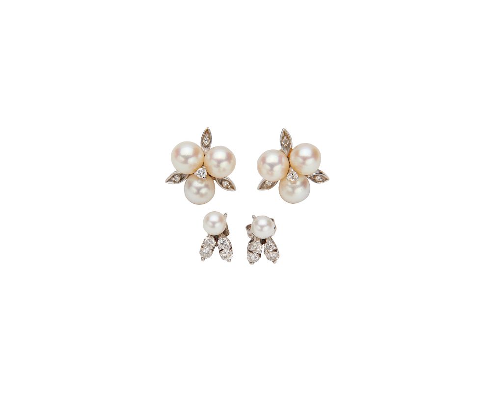 Appraisal: Two Pairs of Gold Pearl and Diamond Stud Earrings Two