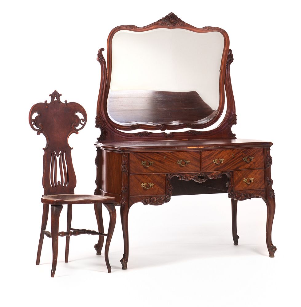 Appraisal: Carved Mahogany French Vanity With Chair Carved Mahogany French Vanity