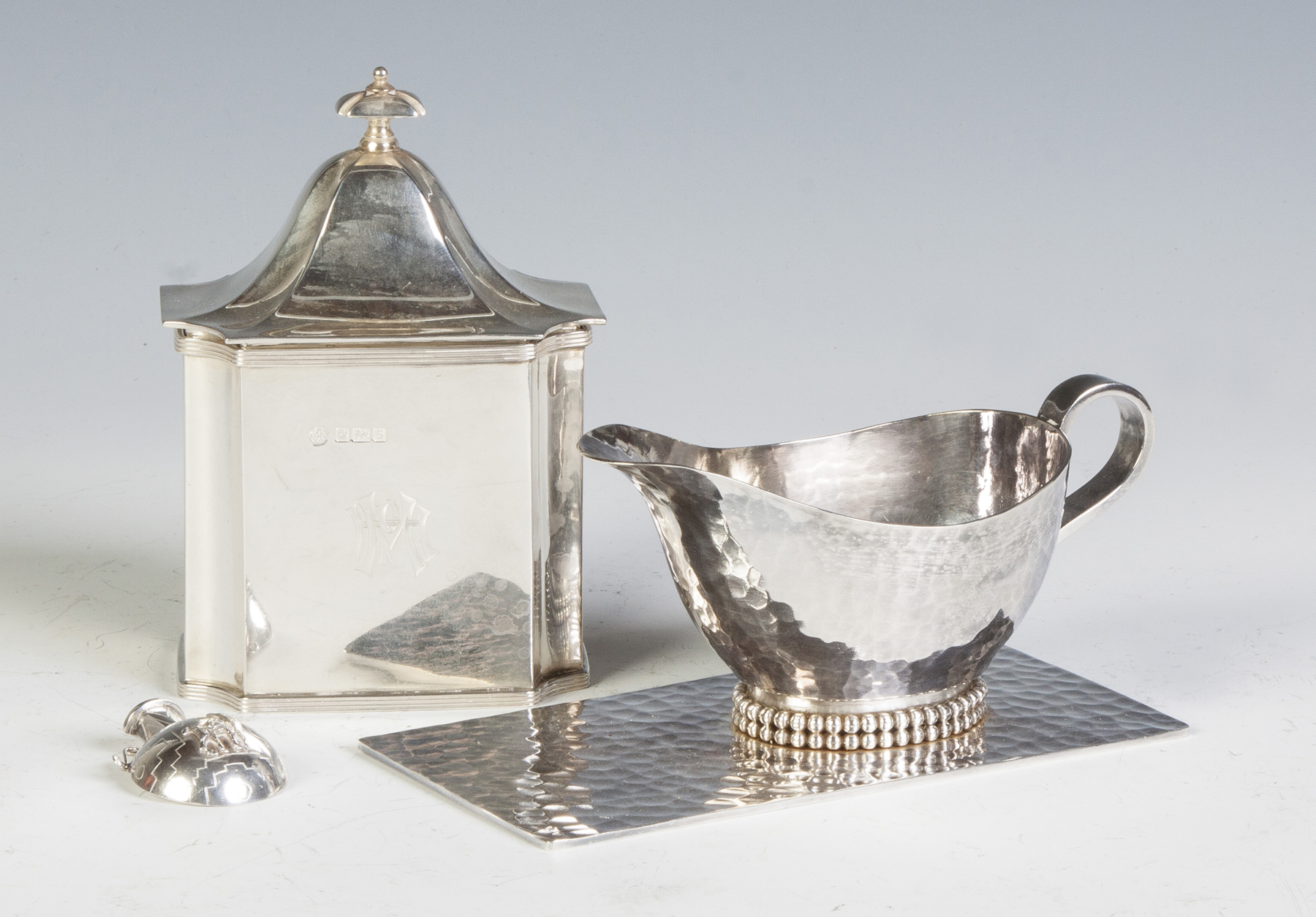 Appraisal: Group of Silver Items Tea caddy English silver Ht Sauce