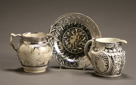 Appraisal: Group of Two English Silver Resist Lustre Pitchers and a