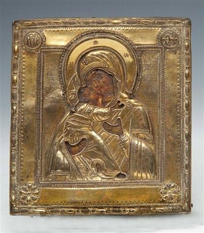 Appraisal: AN ANTIQUE RUSSIAN ORTHODOX ICON depicting the Virgin Mary in