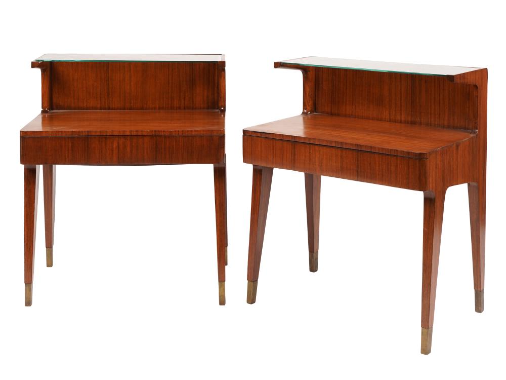 Appraisal: PAIR OF GIO PONTI-STYLE EXOTIC WOOD NIGHTSTANDSeach with removable inset