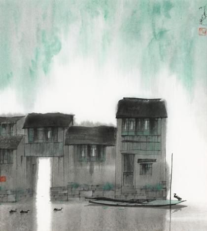 Appraisal: YANG MINGYI chinese b BUILDINGS ON A RIVER WITH SAMPAN