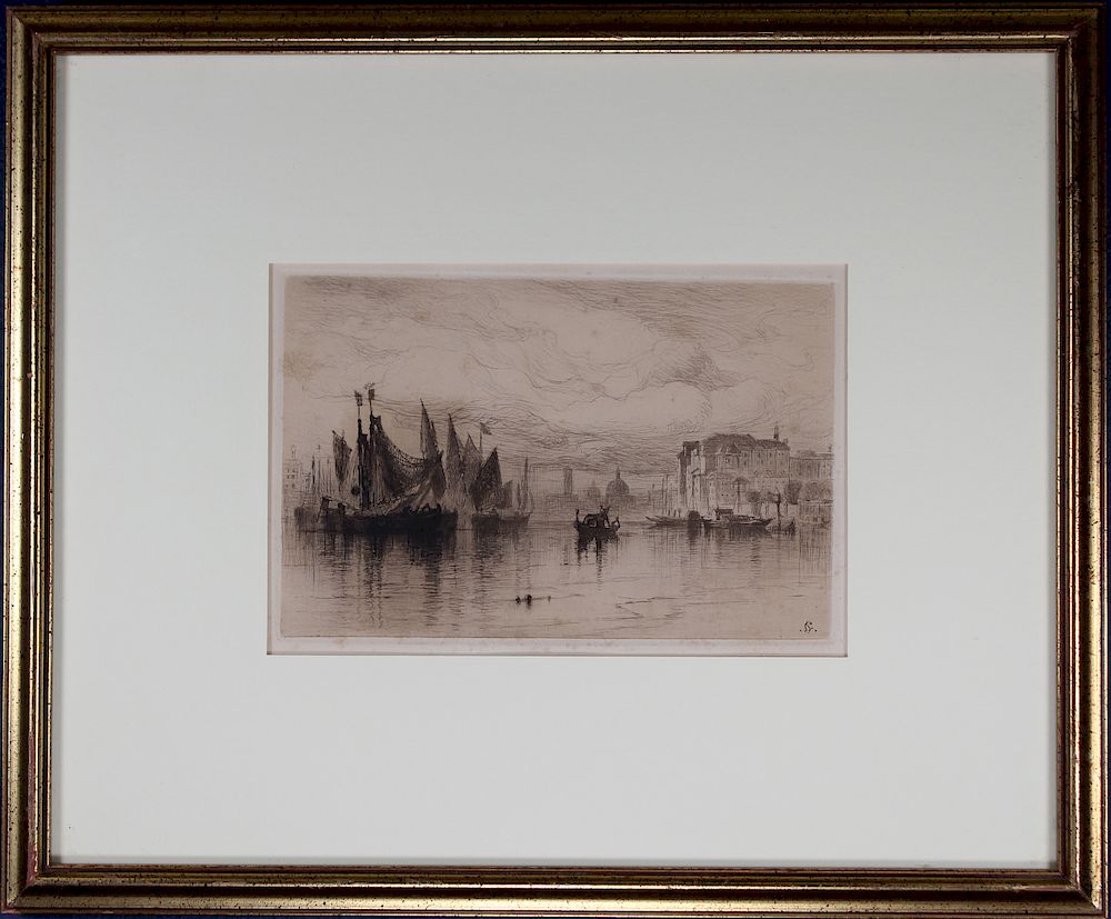 Appraisal: Fine Antique Etching of Grand Canal Monogrammed Fine Antique Etching