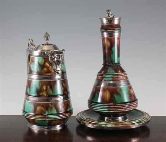 Appraisal: An unusual Wedgwood majolica and electroplate mounted three piece water