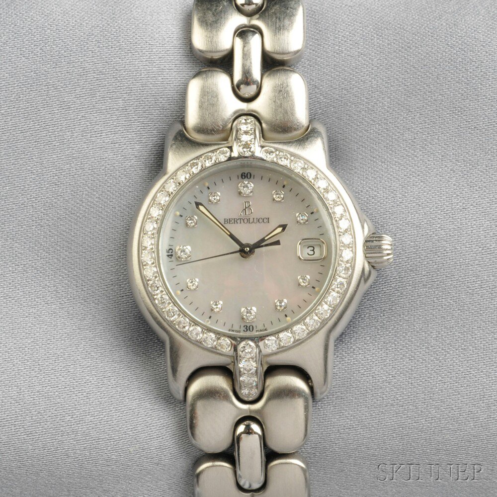 Appraisal: Lady's Stainless Steel and Diamond Wristwatch Bertolucci the mother-of-pearl dial