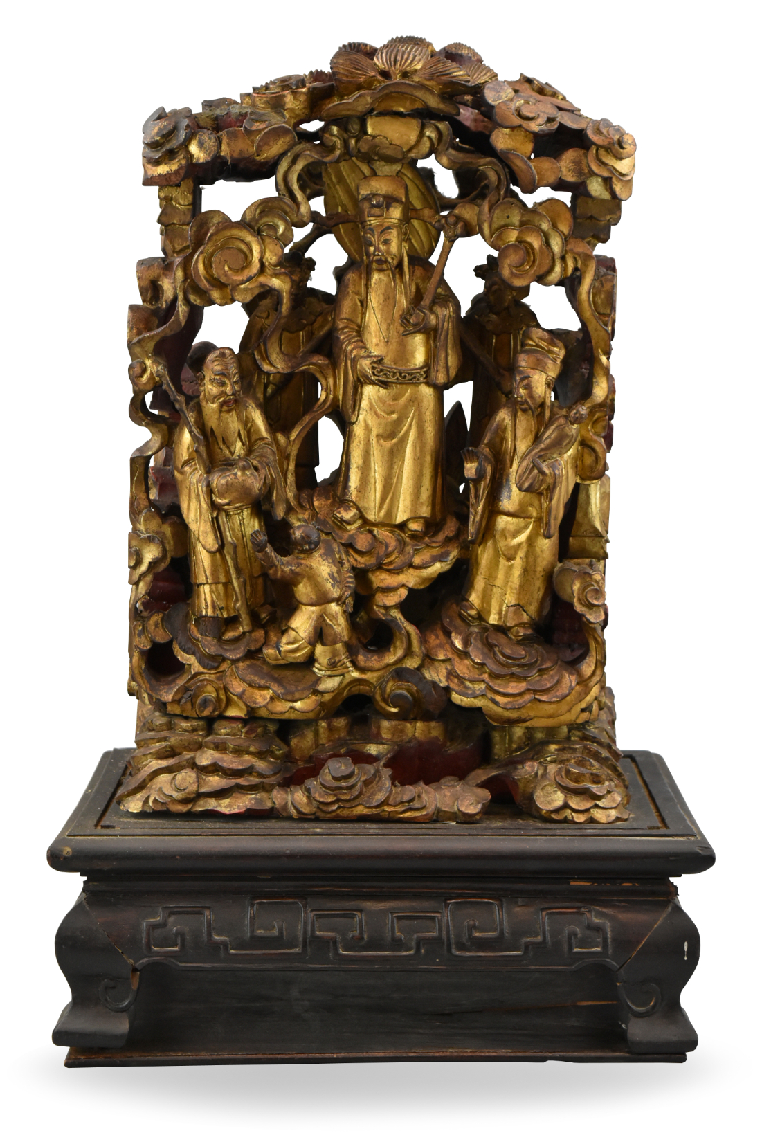 Appraisal: A Chinese gilt wood carving of three deities Qing Dynasty