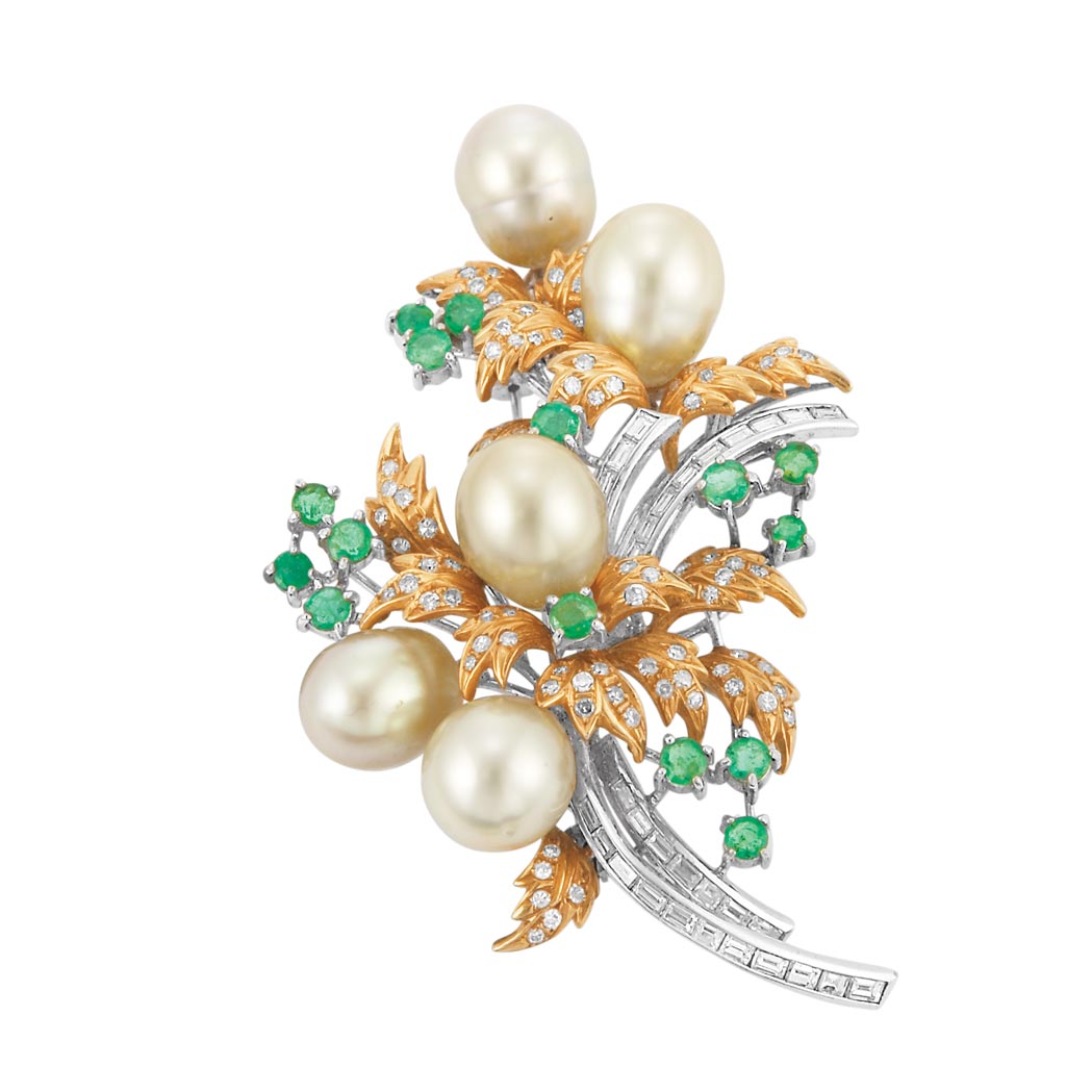 Appraisal: Two-Color Gold Golden Cultured Pearl Emerald and Diamond Brooch pearls