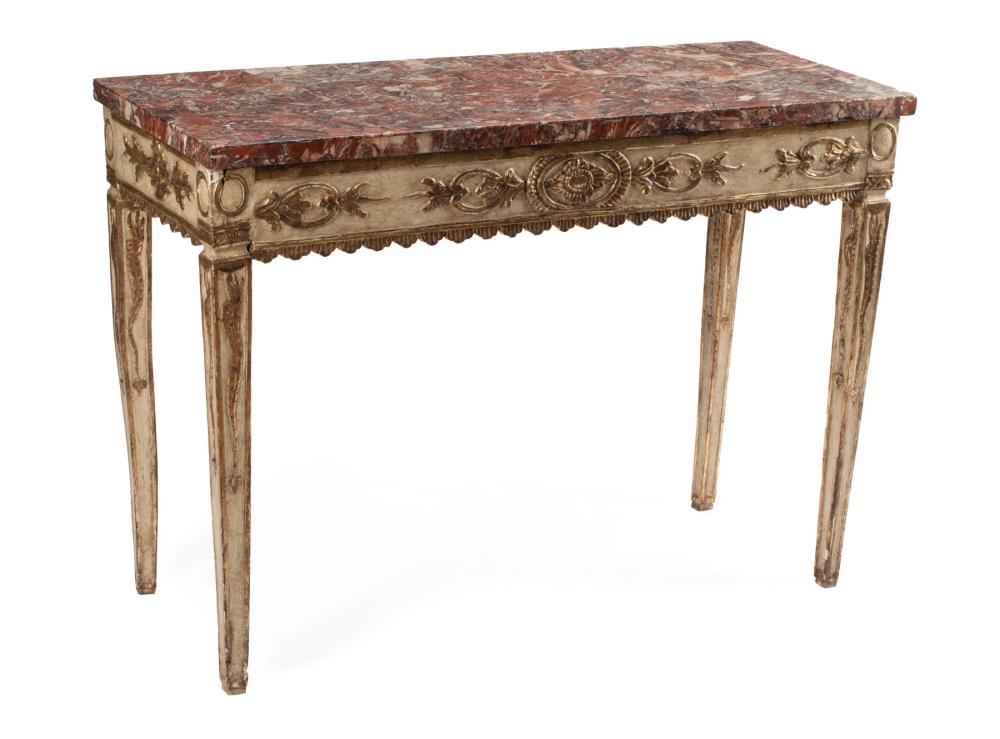 Appraisal: Italian Neoclassical-Style Painted and Parcel Gilt Console rouge marble top