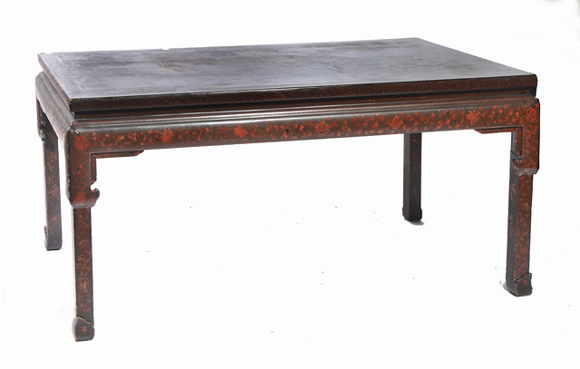 Appraisal: A CHINESE BLACK LACQUER PAINTING TABLE with rectangular top red