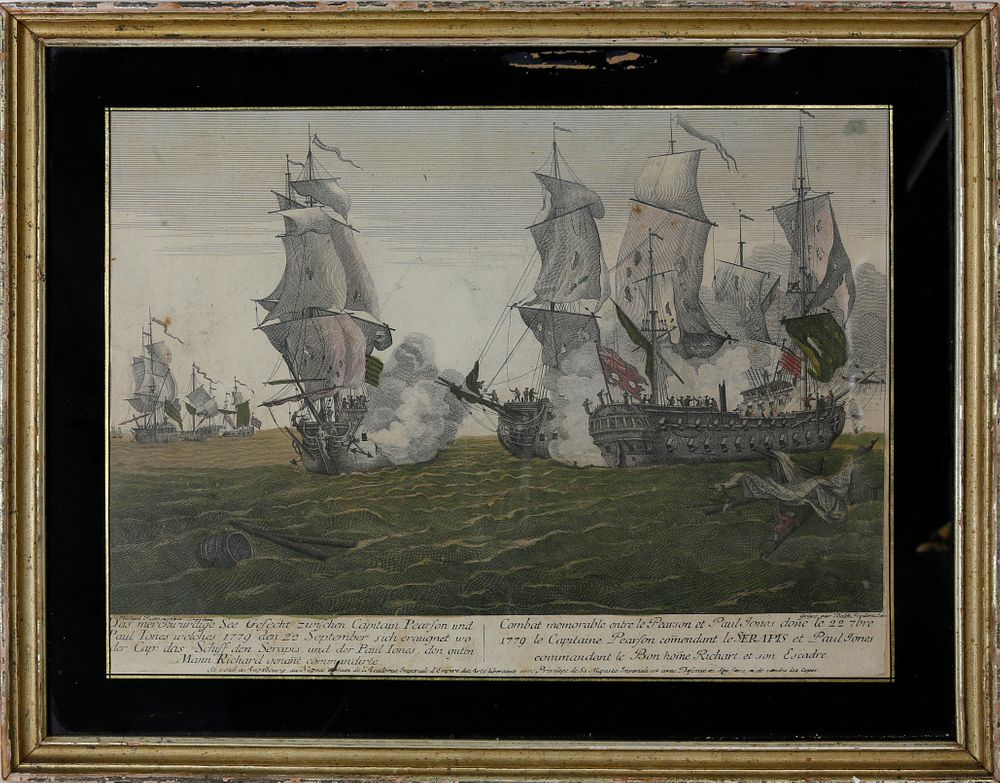 Appraisal: Hand Colored Engraving of Naval Engagement th Century Hand Colored