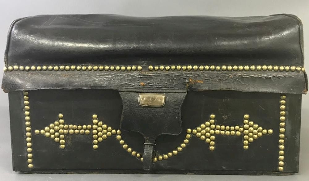 Appraisal: Black Leather Trunk with Brass Studs Black leather trunk with