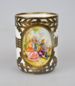 Appraisal: Continental porcelain coffee can the oval cartouche painted with a