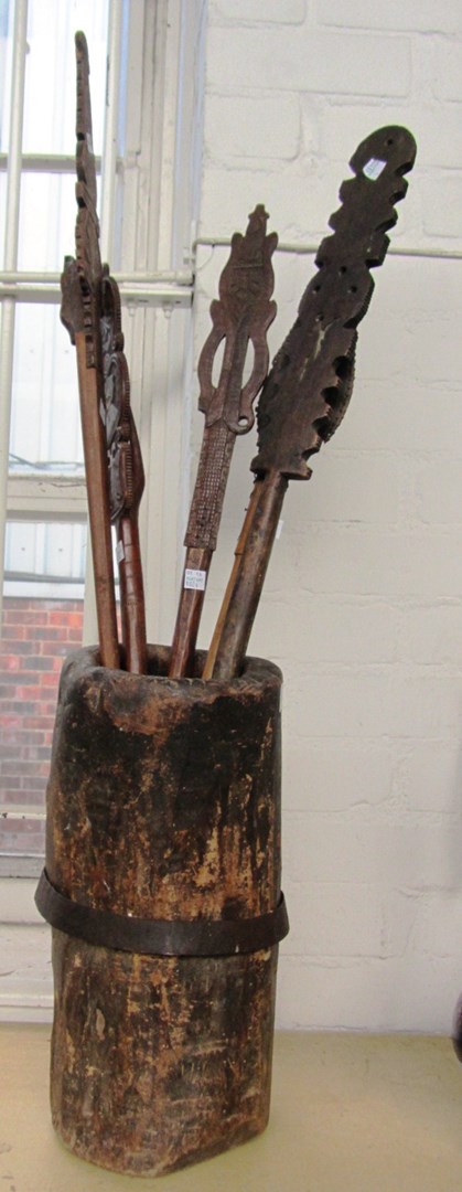 Appraisal: Five Greek treen knitting staffs in a wooden stand